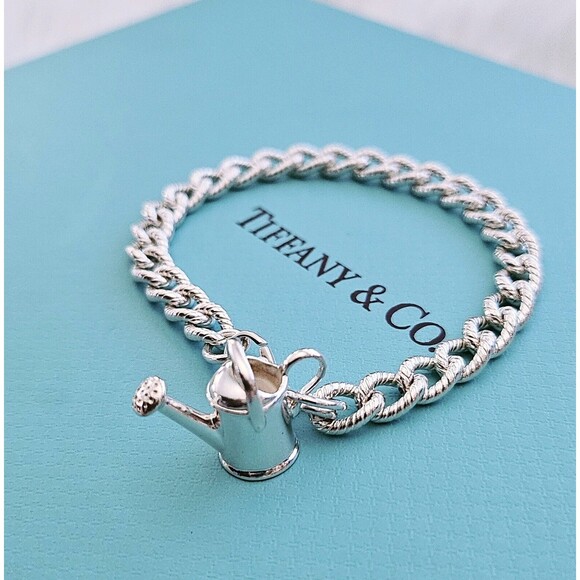 RARE Tiffany & Co Sterling Silver Watering Can Charm Twisted Rope Chain Bracelet - Picture 2 of 6